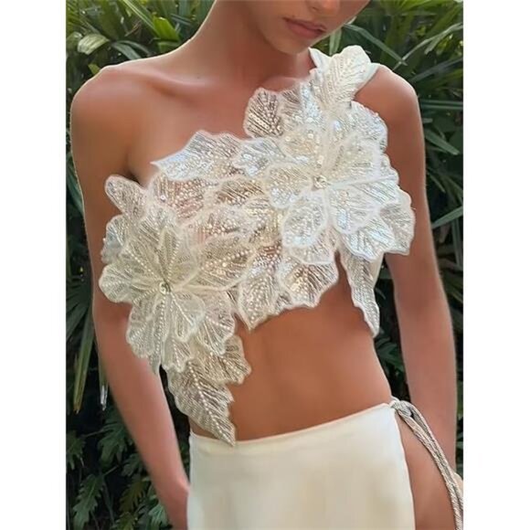 Women’s Sparkle Beaded Sequin Strapless Tube Top | Floral Embellished - Picture 1 of 5